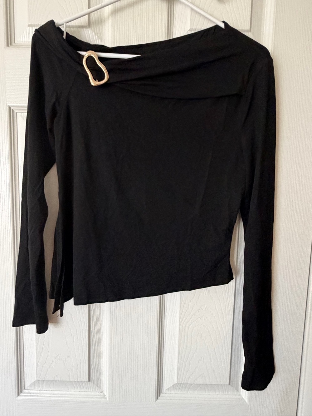 Black Long-Sleeve Asymmetric Top with Gold Accent Buckle